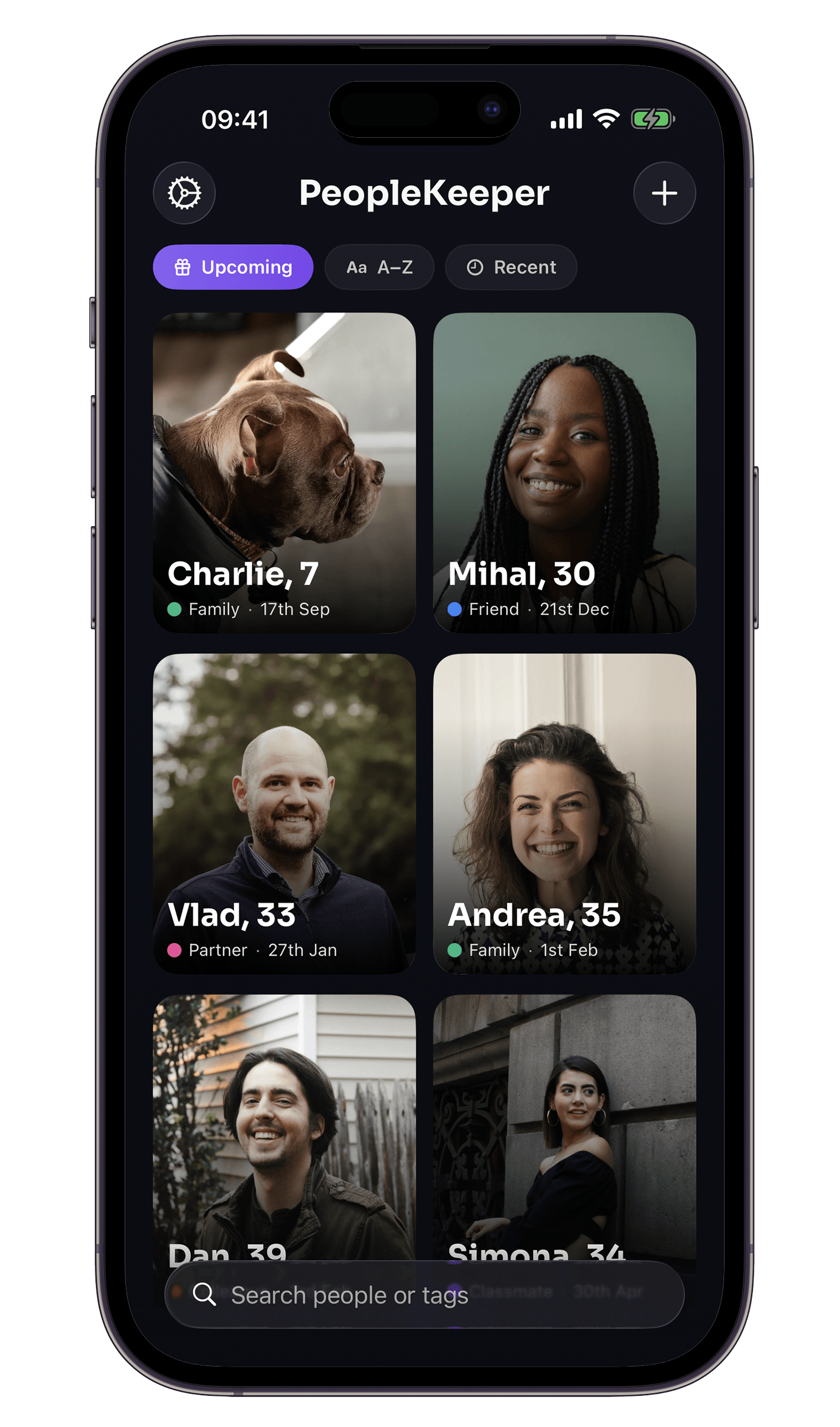 Peoplekeeper app on iPhone showing a list of people with upcoming birthdays.
